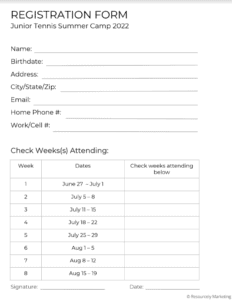 tennis summer camp registration form template